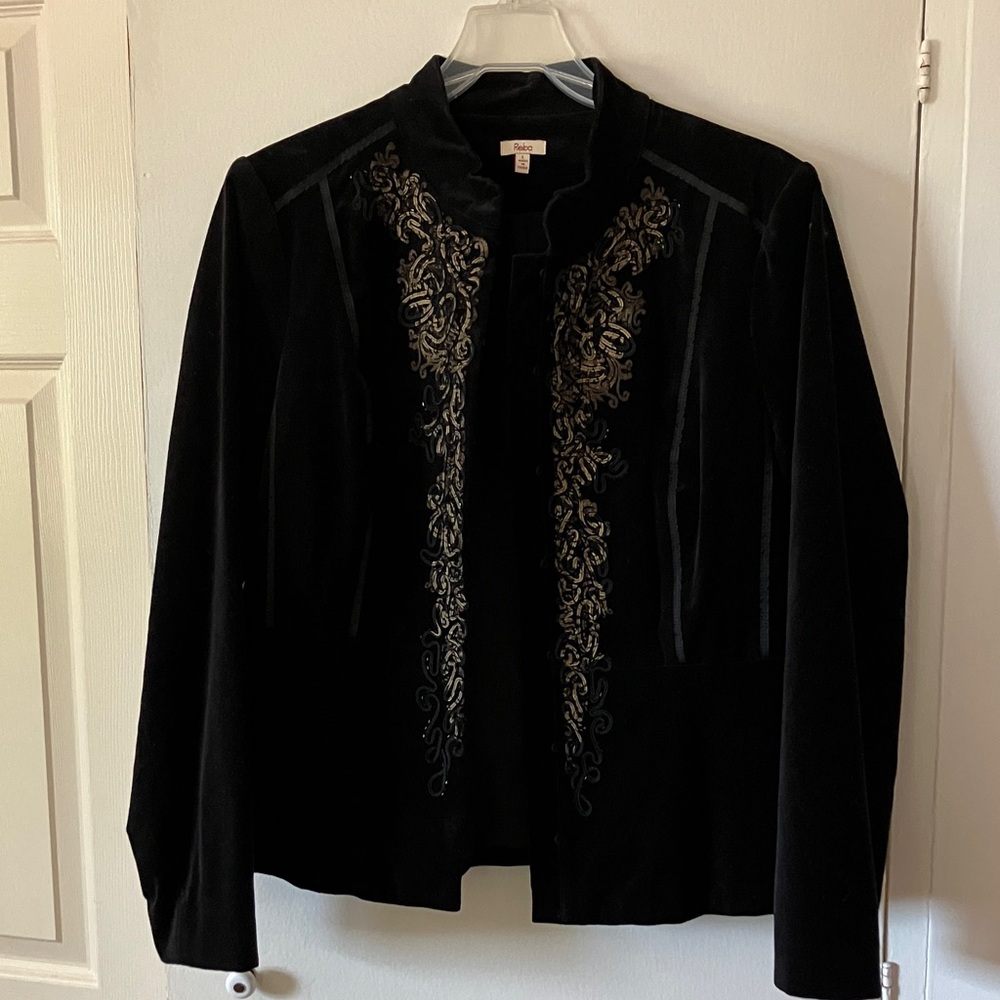 Black velvet jacket with gold details and embroidery